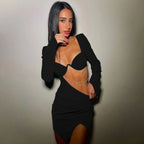 Hollow Out Full Sleeve Mini Dress - All Dresses - 15