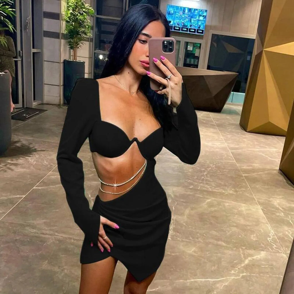 Hollow Out Full Sleeve Mini Dress - All Dresses - 19