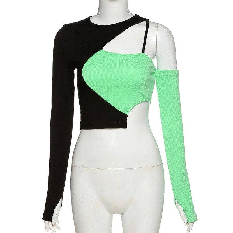 Green Black One Shoulder Top - T-Shirts - Shirts & Tops - 7 - 2024