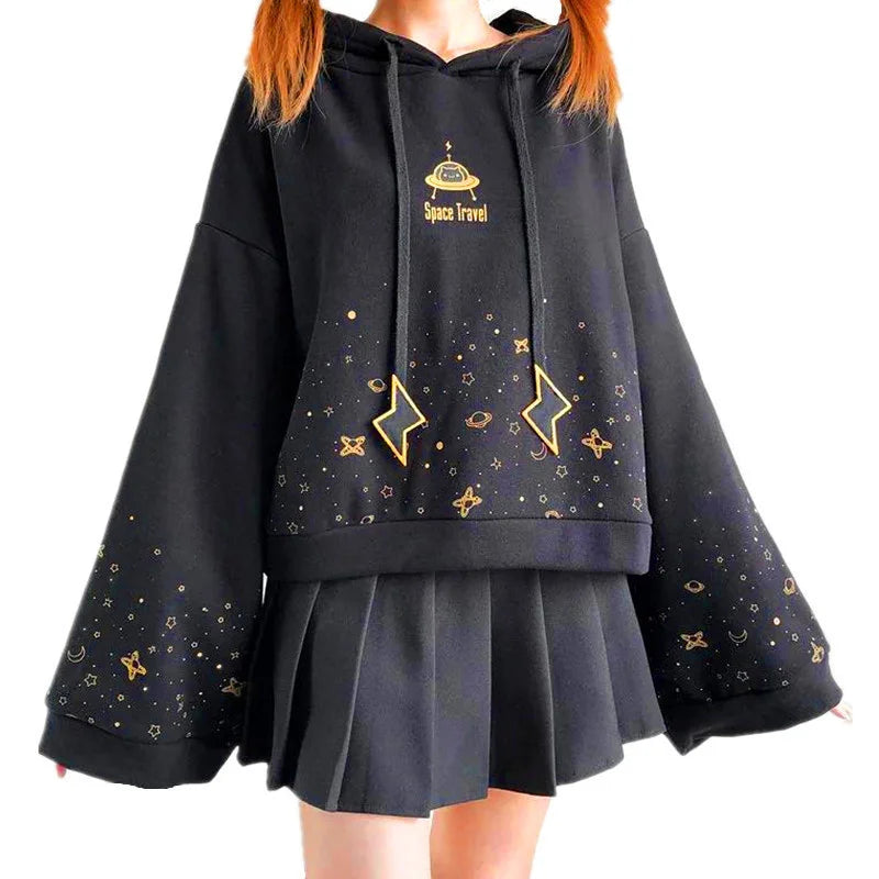 Autumn Women Kawaii Short Hoodie Harajuku Flare Long Sleeve Starry Sky Print Lightning Embroidery Drawstring Hooded