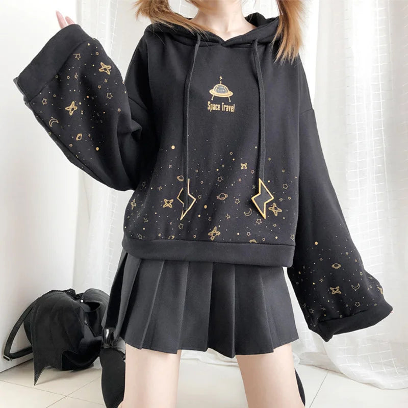 Autumn Women Kawaii Short Hoodie Harajuku Flare Long Sleeve Starry Sky Print Lightning Embroidery Drawstring Hooded