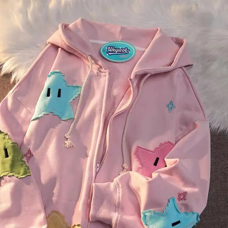 Oversized Kawaii Stars Hoodie - Pink / M - Hoodies & Sweatshirts - Shirts & Tops - 1 - 2024