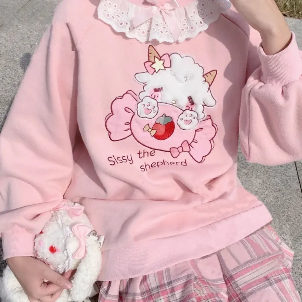 Lace Collar Lamb Candy Embroidered Kawaii Sweatshirt - T-Shirts - Sweatshirt - 1