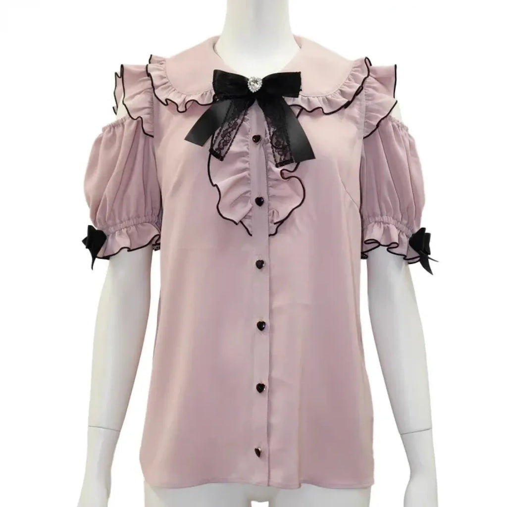 Sweet Lolita Ruffled Blouse - Bow Top Kawaii Y2K Aesthetic - Blouses & Shirts - Short - Shirt - Blouses - 1