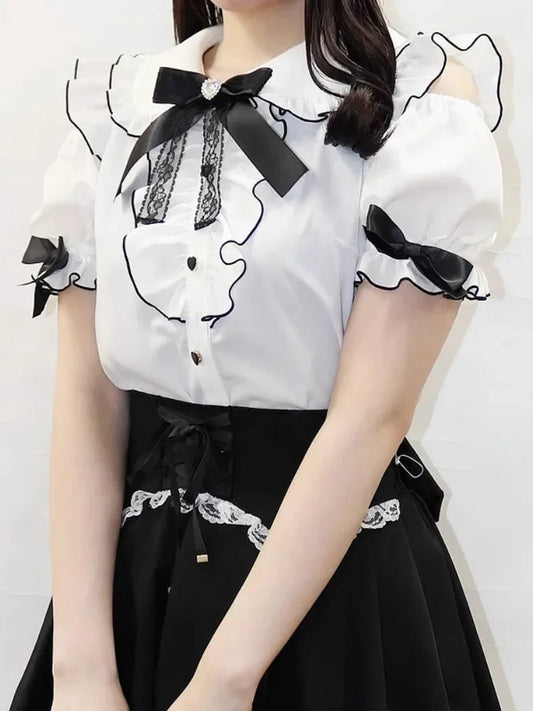 Sweet Lolita Ruffled Blouse - Bow Top Kawaii Y2K Aesthetic - Blouses & Shirts - Blouses - 2024 - 2 - Worldwide Shipping