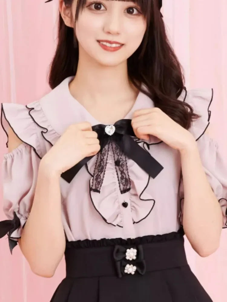 Sweet Lolita Ruffled Blouse - Bow Top Kawaii Y2K Aesthetic - Blouses & Shirts - Blouses - 2024 - 3 - Worldwide Shipping