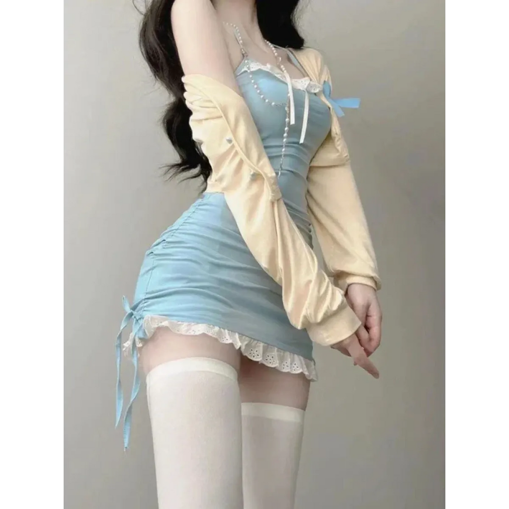 Lace Bodycon Mini Dress Set – Kawaii Y2K Corset Halter - All Dresses - Long - Other - Clothing Sets - 5