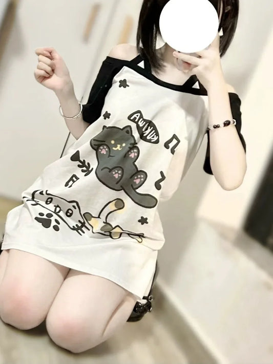 Off-Shoulder Cat Print T-Shirt – Kawaii Y2K Grunge Top - T-Shirts - T-Shirts - 2025 - 1 - Worldwide Shipping