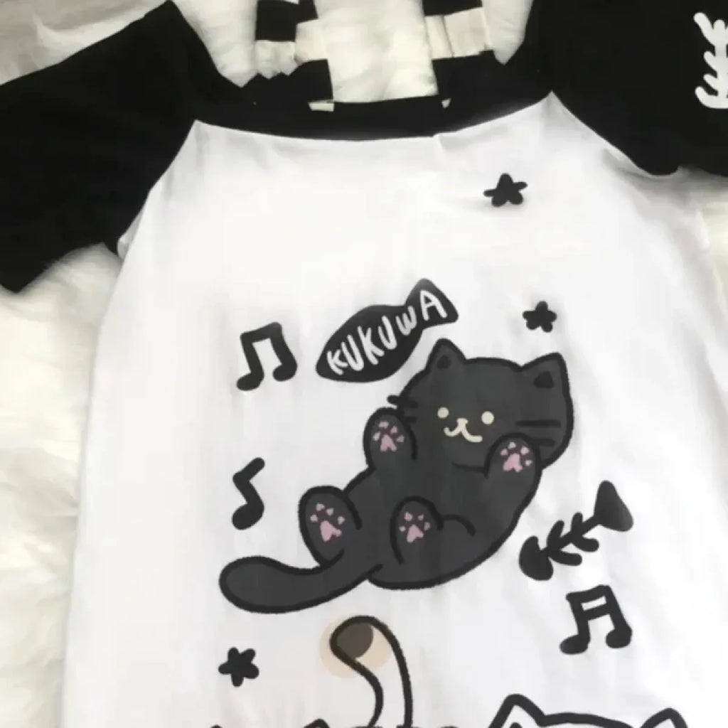 Off-Shoulder Cat Print T-Shirt – Kawaii Y2K Grunge Top - T-Shirts - Short - Asymmetric - T-Shirts - 4
