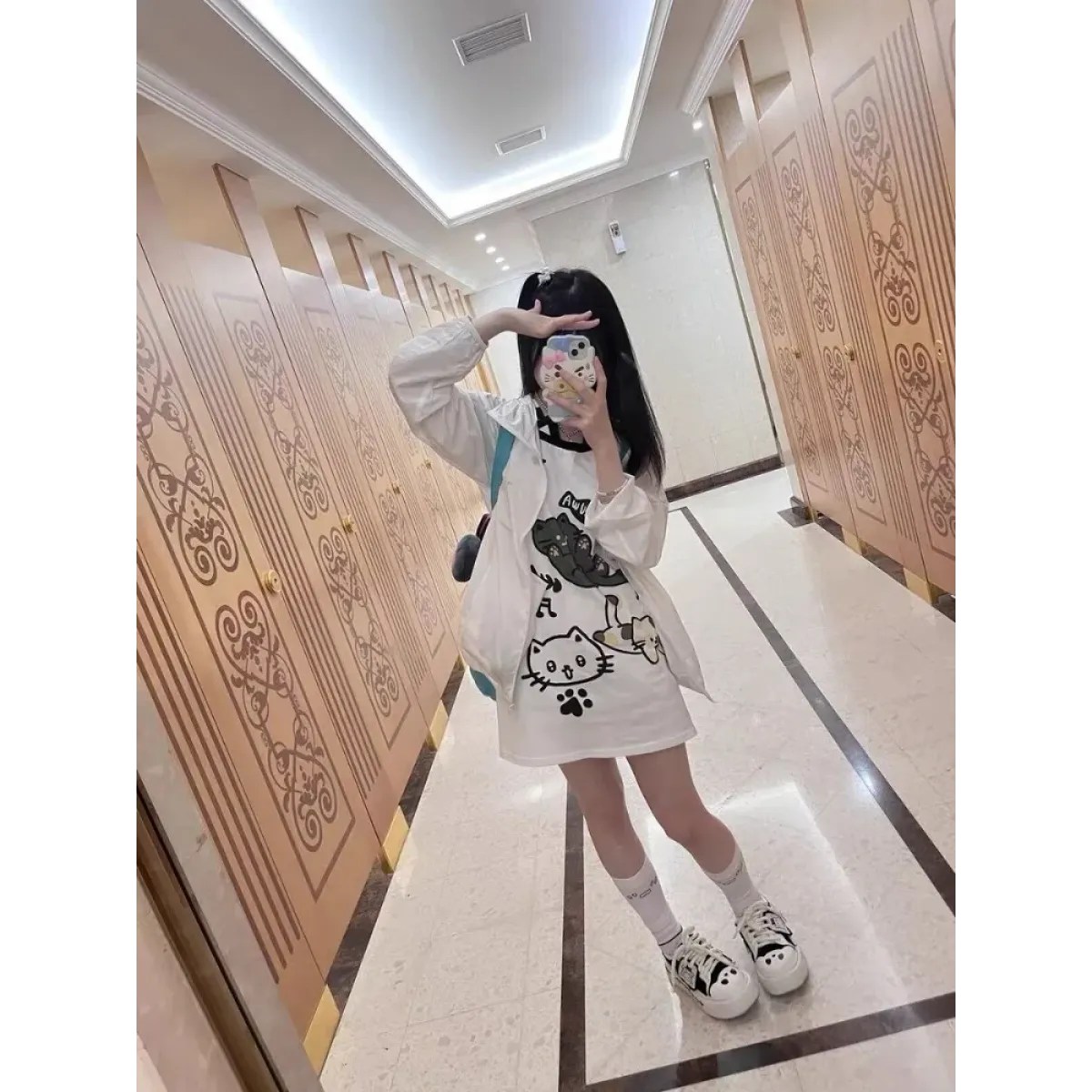 Off-Shoulder Cat Print T-Shirt – Kawaii Y2K Grunge Top - T-Shirts - Short - Asymmetric - T-Shirts - 5