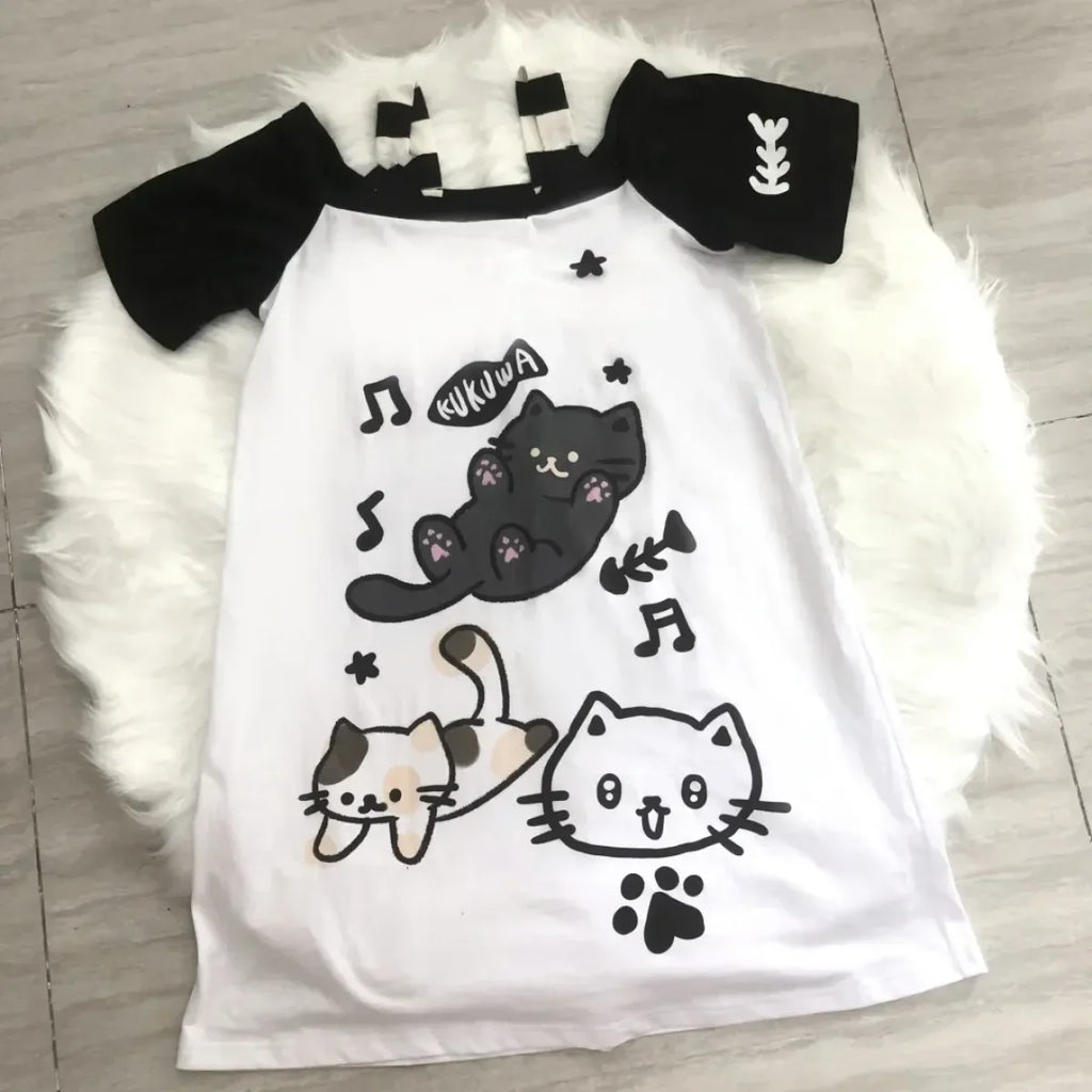 Off-Shoulder Cat Print T-Shirt – Kawaii Y2K Grunge Top - T-Shirts - Short - Asymmetric - T-Shirts - 6
