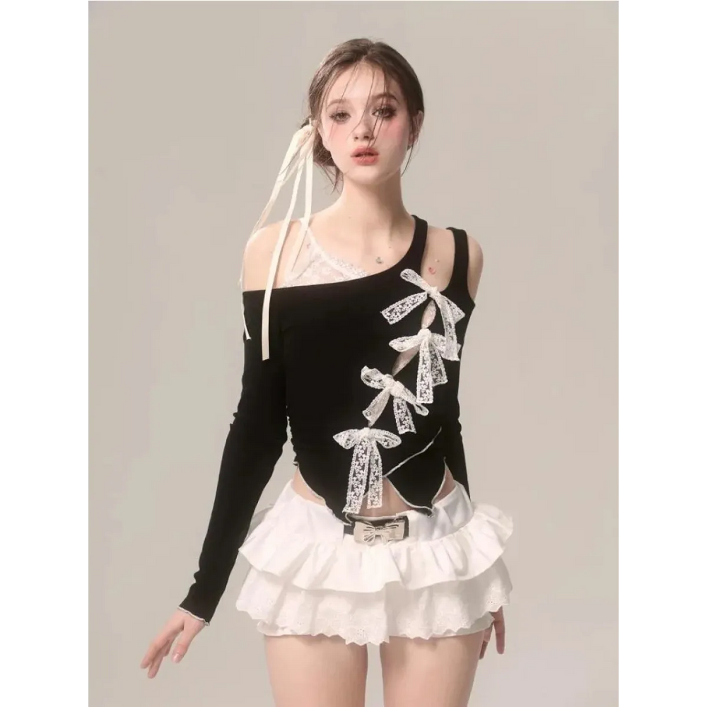 Lace Bow Cutout Top – Kawaii Y2K Harajuku Aesthetic - T-Shirts - Long - Asymmetric - Blouses - 1