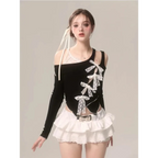 Lace Bow Cutout Top – Kawaii Y2K Harajuku Aesthetic - T-Shirts - Long - Asymmetric - Blouses - 1