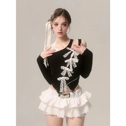 Lace Bow Cutout Top – Kawaii Y2K Harajuku Aesthetic - T-Shirts - Long - Asymmetric - Blouses - 2