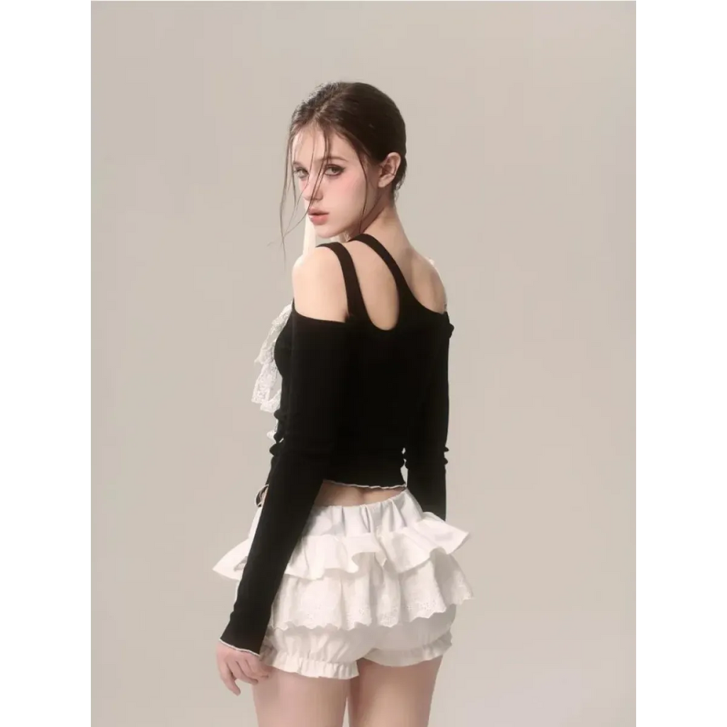 Lace Bow Cutout Top – Kawaii Y2K Harajuku Aesthetic - T-Shirts - Long - Asymmetric - Blouses - 3