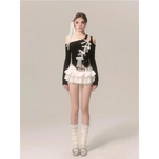 Lace Bow Cutout Top – Kawaii Y2K Harajuku Aesthetic - T-Shirts - Long - Asymmetric - Blouses - 5