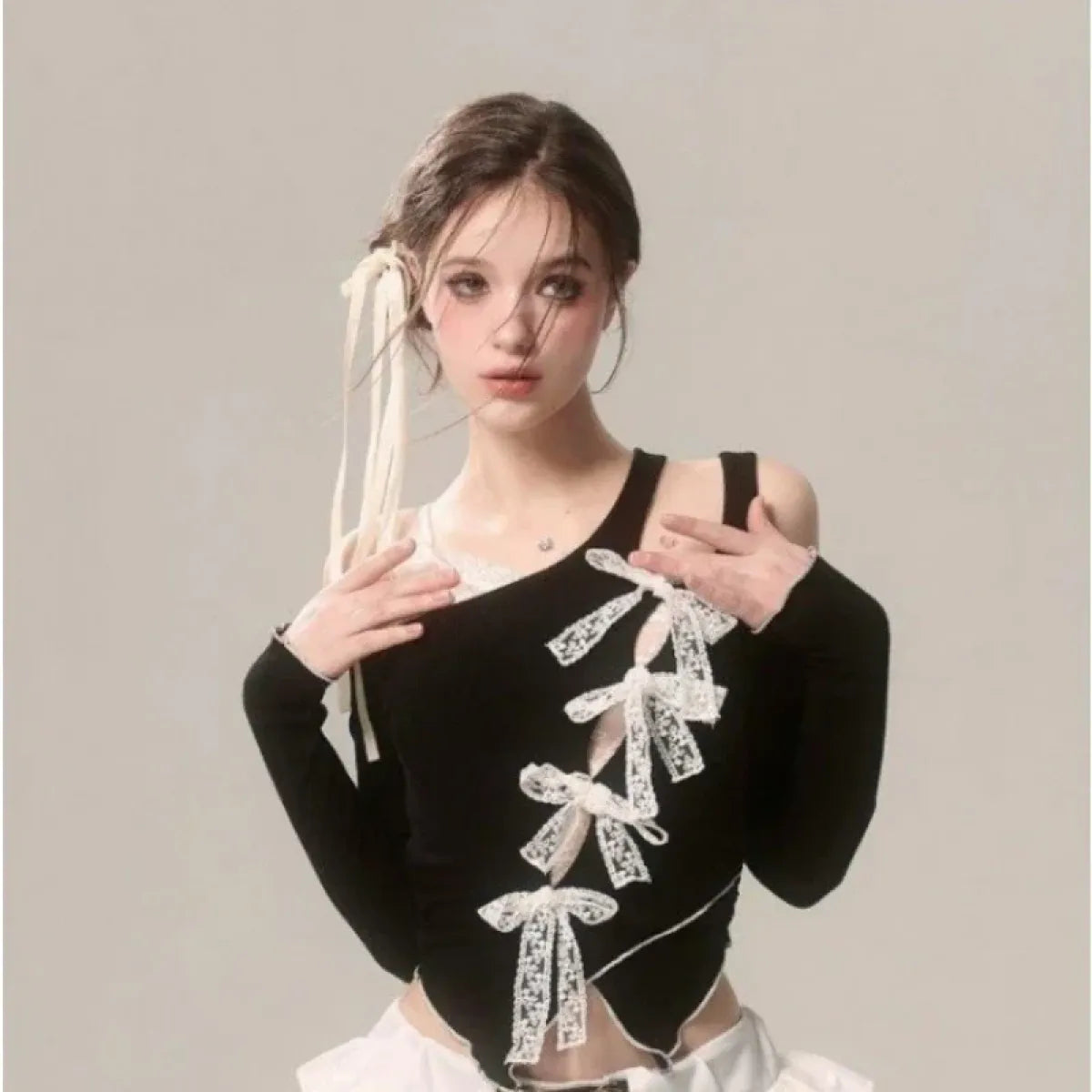 Lace Bow Cutout Top – Kawaii Y2K Harajuku Aesthetic - T-Shirts - Long - Asymmetric - Blouses - 7