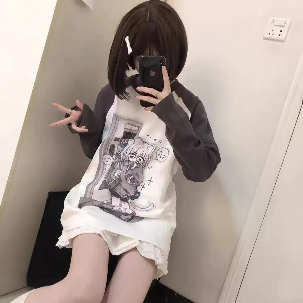 Kawaii Y2K Harajuku Top – Detachable Sleeve Anime Tee - T-Shirts - Long - Crew - Women’s Hoodies - 7