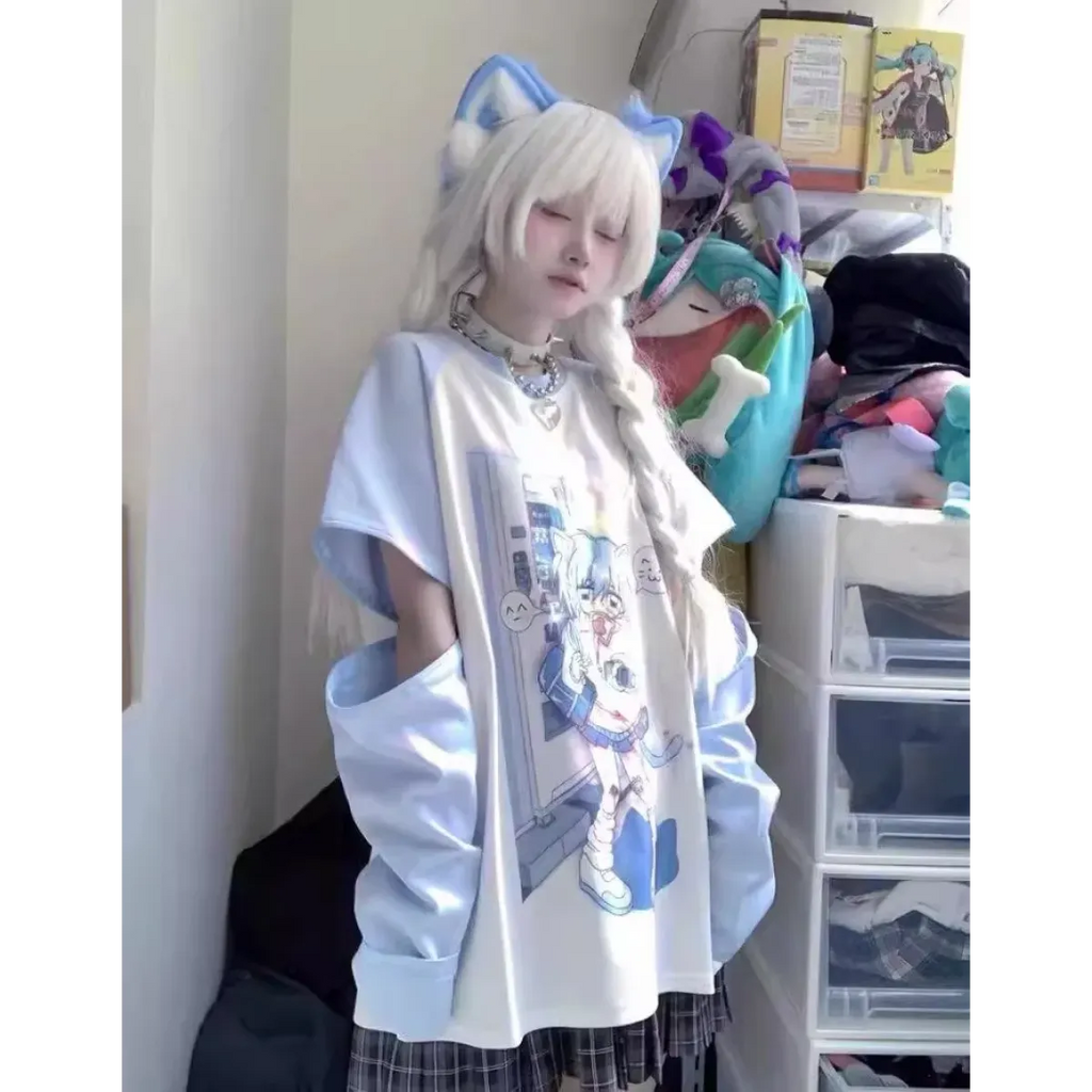 Kawaii Y2K Harajuku Top – Detachable Sleeve Anime Tee - T-Shirts - Long - Crew - Women’s Hoodies - 8