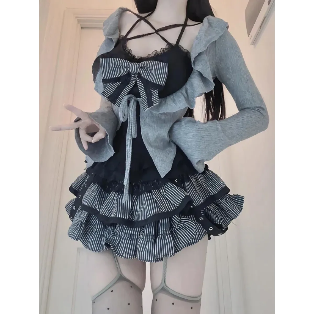 Ruffle Cardigan & Striped Skirt Set – Kawaii Y2K Lolita Chic - Bottoms - Long - Square - Clothing Sets - 1