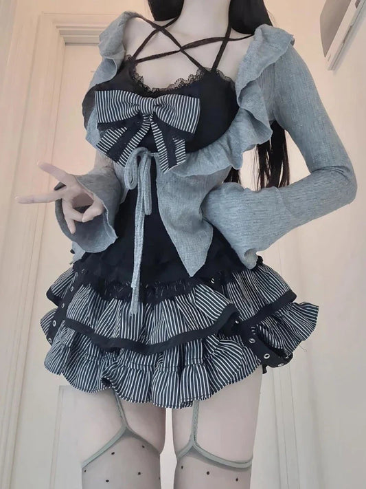 Ruffle Cardigan & Striped Skirt Set – Kawaii Y2K Lolita Chic - Gray / XS - Bottoms - 2025 - 1 - Worldwide Shipping