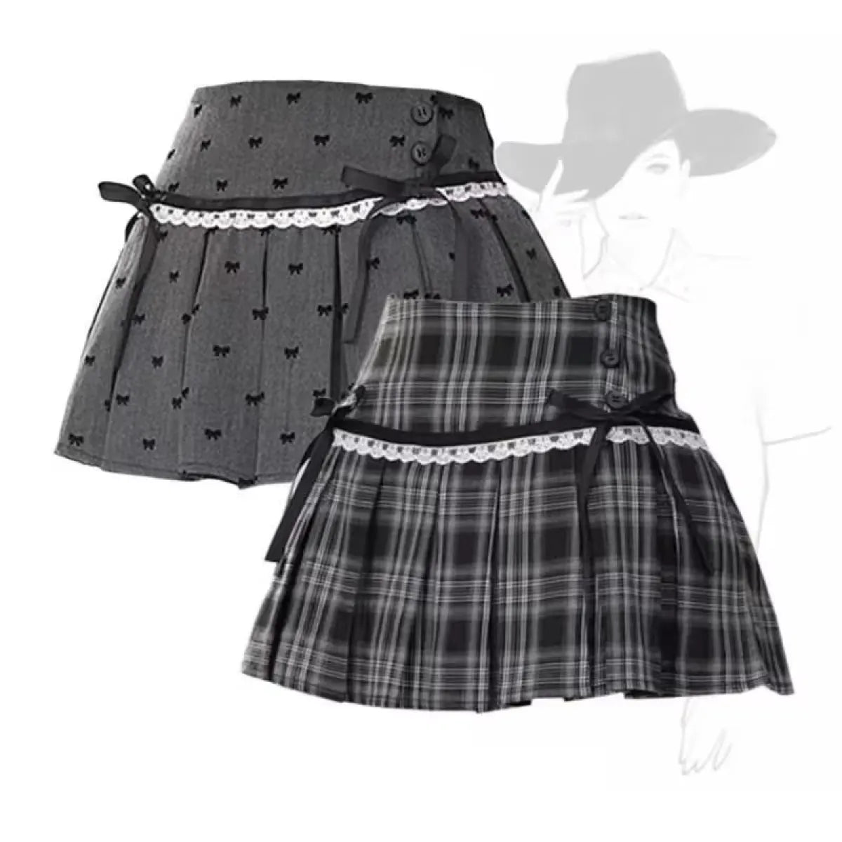 Kawaii Y2K Pleated Mini Skirt – Japanese Bow Lace Plaid Chic - Bottoms - Skirts - 1