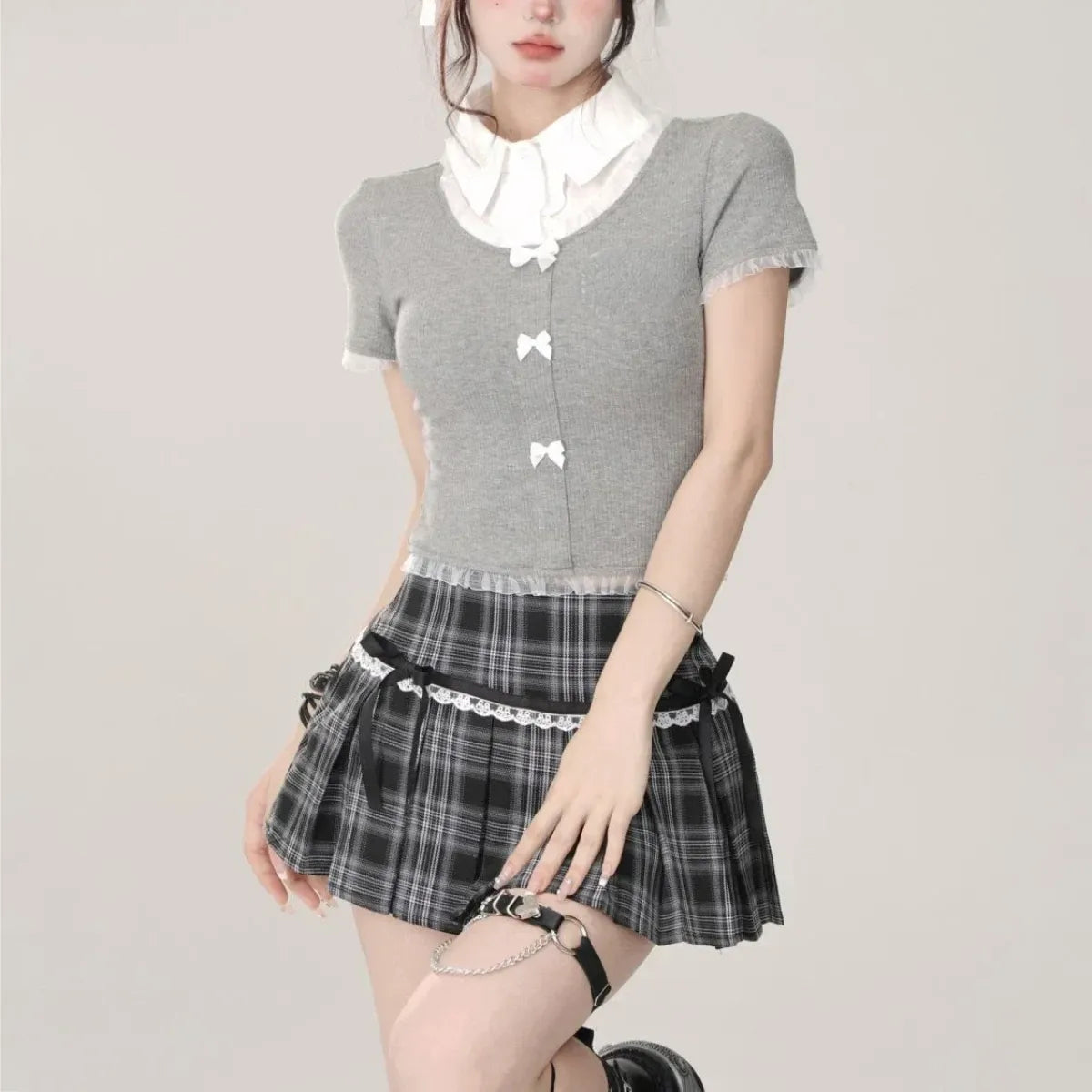 Kawaii Y2K Pleated Mini Skirt – Japanese Bow Lace Plaid Chic - Bottoms - Skirts - 4