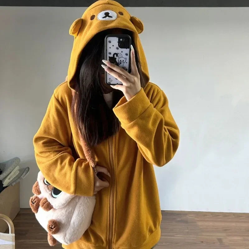 Kawaii Zip-Up Hoodie - Oversized Cute Bear Sweatshirt for Women - Brown / M - T-Shirts - Shirts & Tops - 1 - 2024