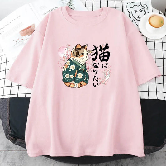 Ukiyo-e Kimono Cat Sakura Graphic Tee - T-Shirts - T-Shirts - 1