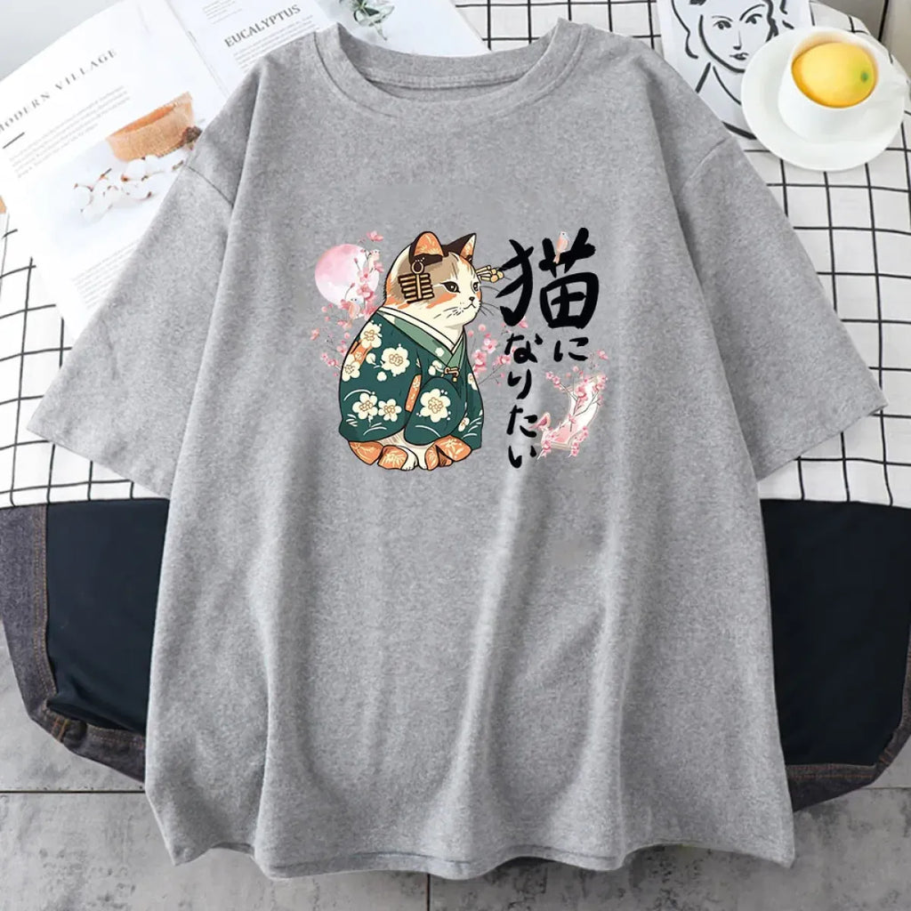 Ukiyo-e Kimono Cat Sakura Graphic Tee - T-Shirts - T-Shirts - 4