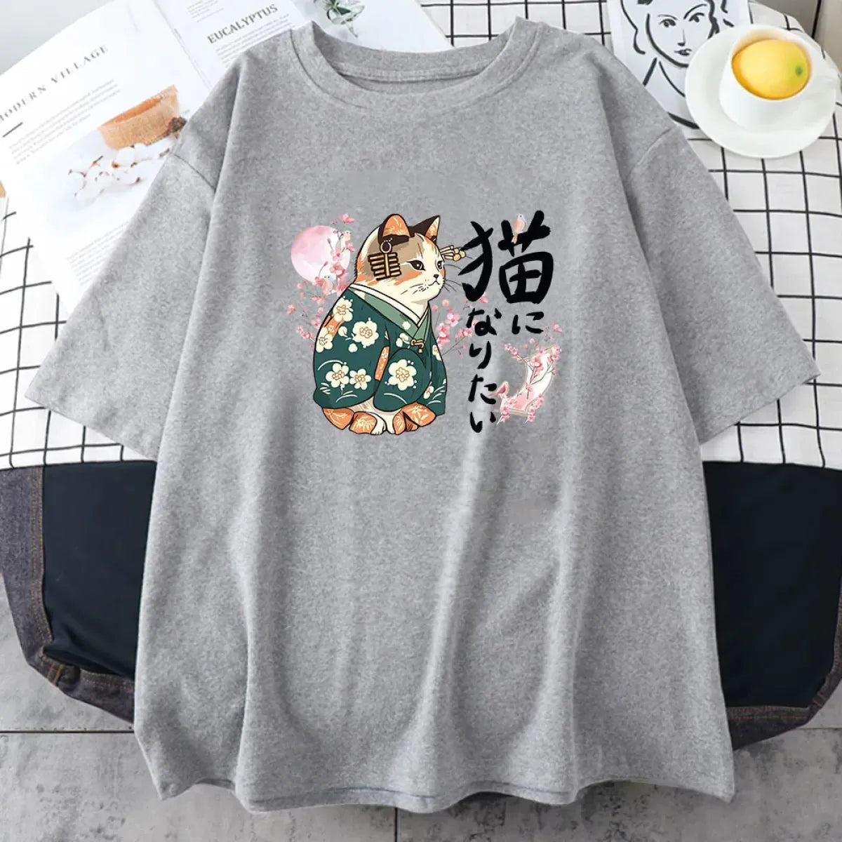 Ukiyo-e Kimono Cat Sakura Graphic Tee - T-Shirts - T-Shirts - 4