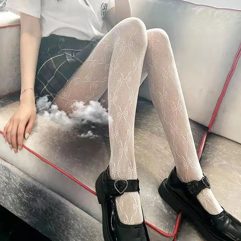 Cute Kitty Cat Fishnet Tights - Y2K Goth Lolita Cosplay Essentials - white bow / One Size - Cosplay - Clothing