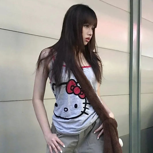 Sanrio Hello Kitty Cute Tank Tops Women Summer Fashion Sleeveless T-shirts Streetwear Sexy Suspender Cartoon Y2k Spicy