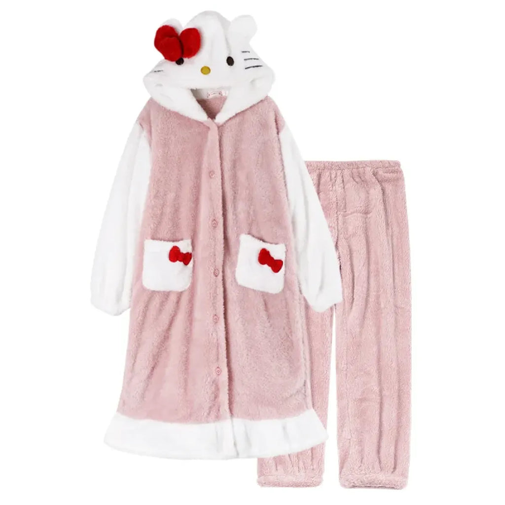 Hello Kitty Kawaii Bow Furry Pajamas - Sweet Long Anime Plush Loungewear - Pajamas - 7