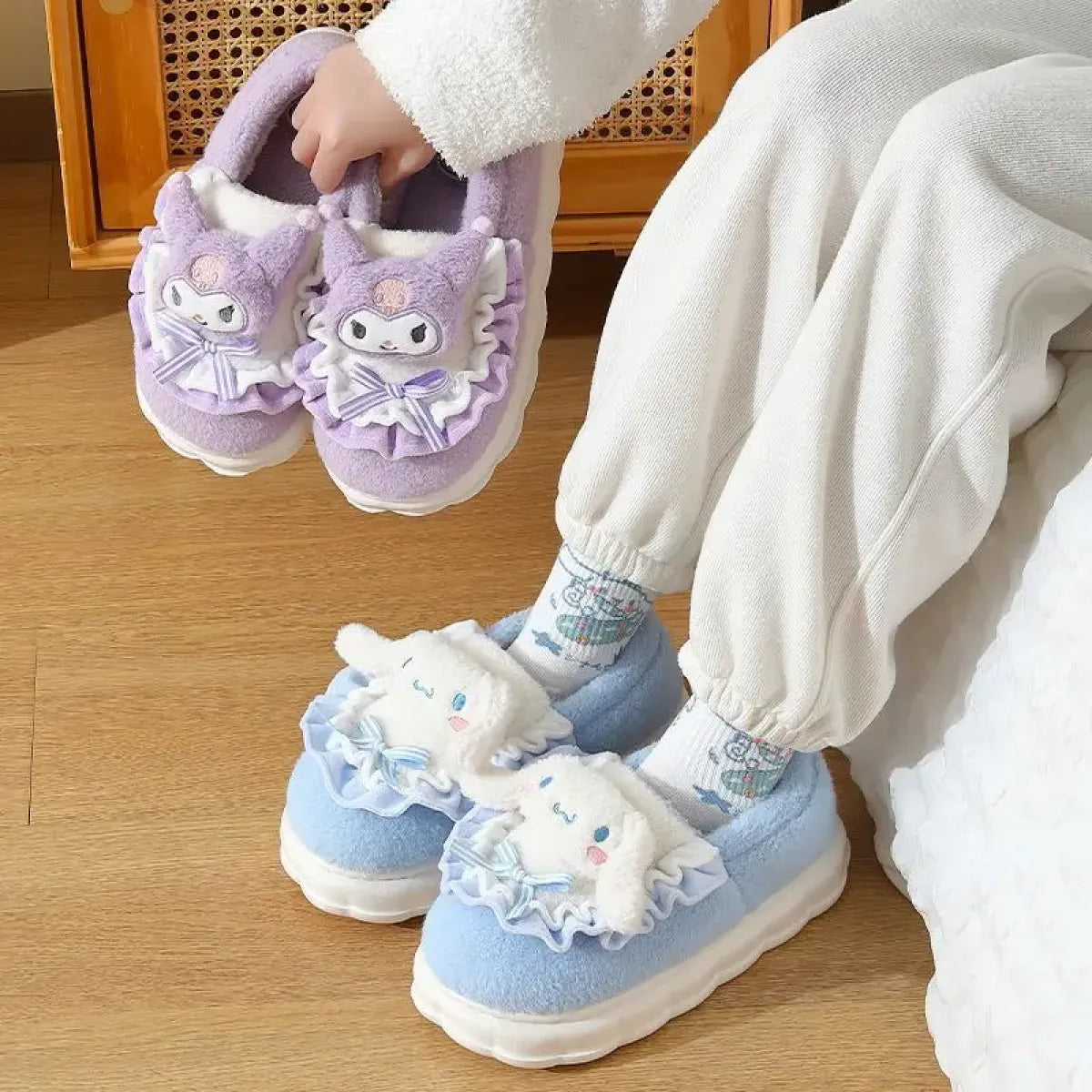 Sanrio Hello Kitty Plush Indoor Winter Slippers - Harajuku Style - Slippers - 2