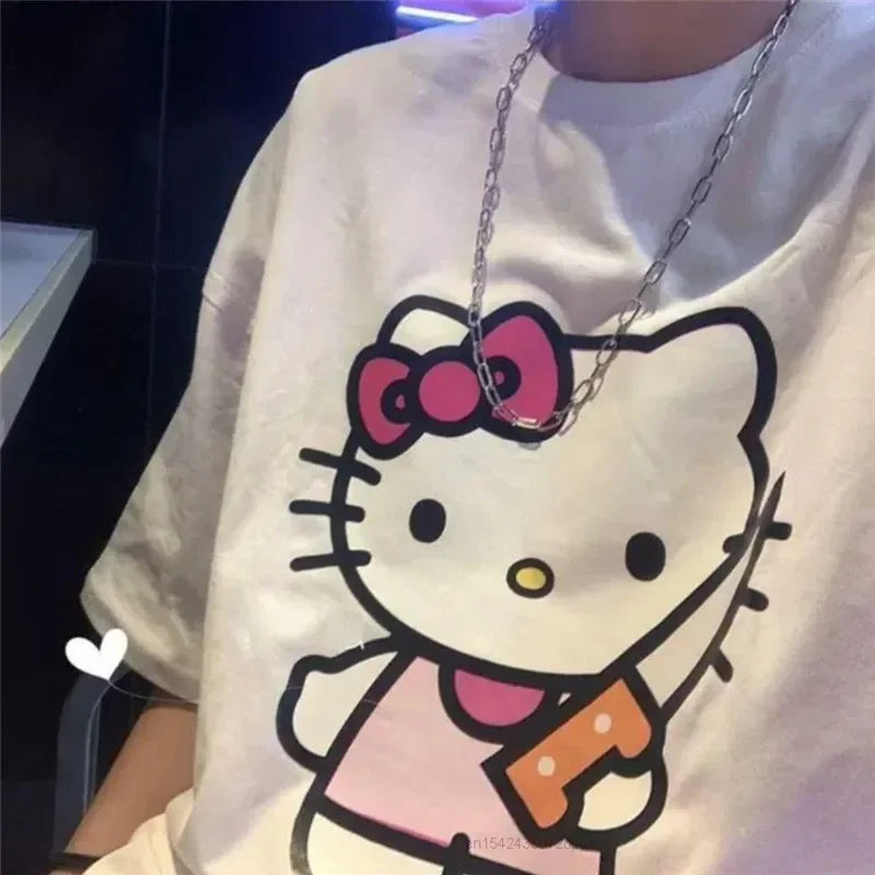 Cute Hello Kitty Sanrio T-Shirt Cotton Summer Y2K Loose Short Sleeve Top Female Dark Print Girl and Sweet Harajuku