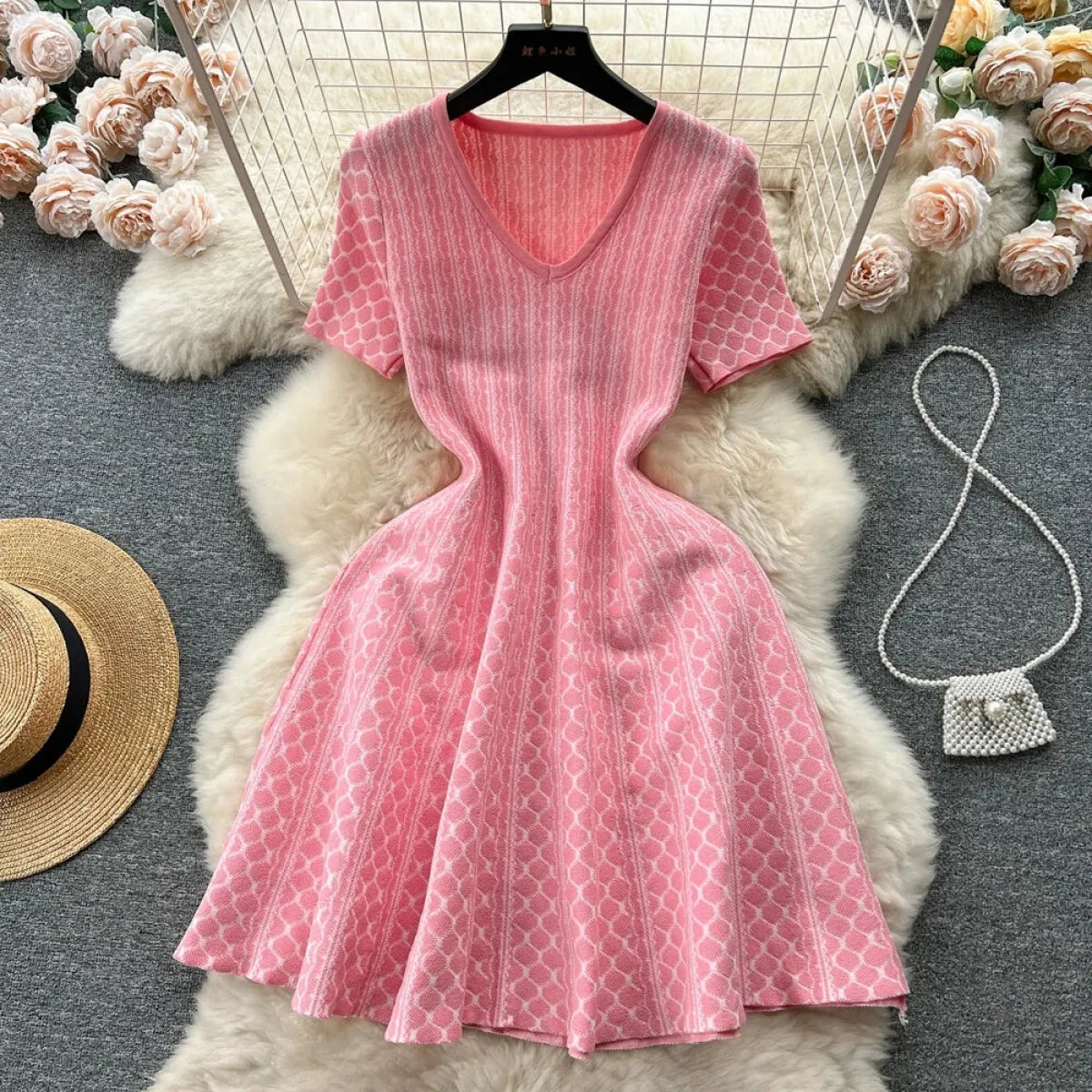 Korean Aesthetic V-Neck Knit Mini Dress - All Dresses - Mini Dress - 1