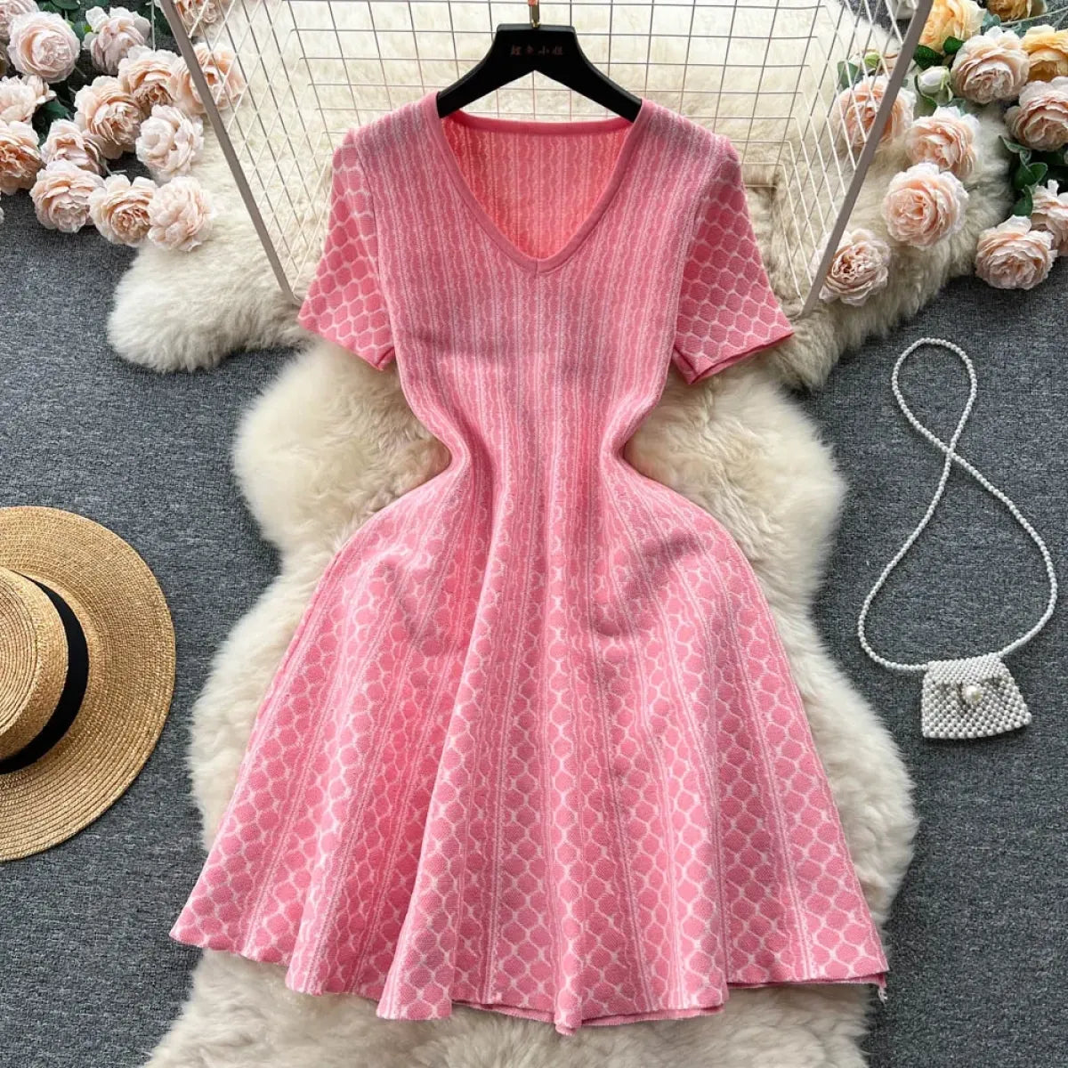 Korean aesthetic V neck knit mini dress Kawaii Stop Korean aesthetic V neck knit mini dress Kawaii Stop