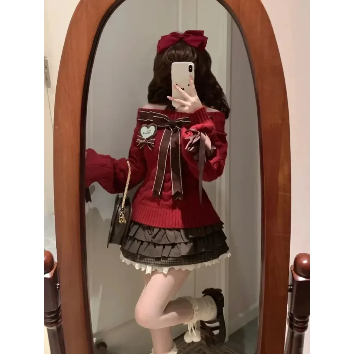 Sweet Bow Knit Pullover & Ruched Cake Skirt Set - Bottoms - Sets / Co-ords - 1