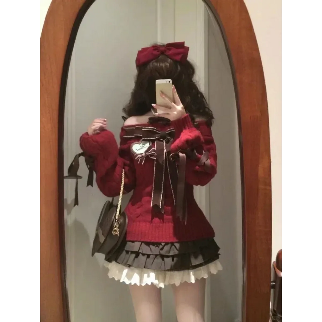 Sweet Bow Knit Pullover & Ruched Cake Skirt Set - Bottoms - Sets / Co-ords - 2