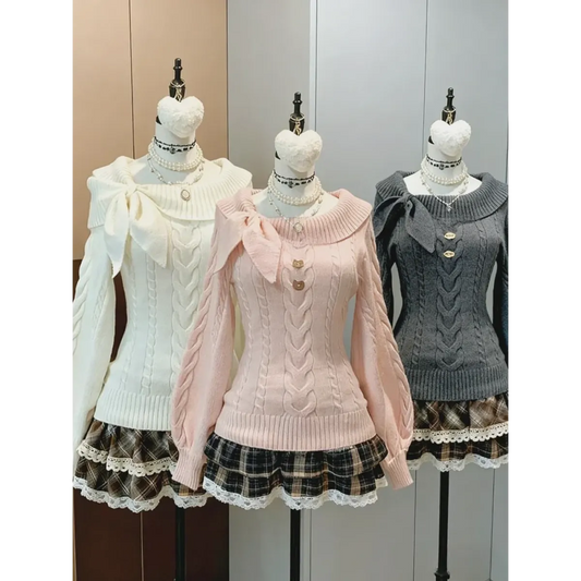 Sweet Bow Lace Knit Pullover Sweater - Sweaters - Sweater / Pullover - 1