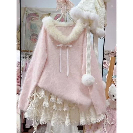 Sweet Bow Lace Knit Pullover Sweater - Sweaters - Sweater / Pullover - 7