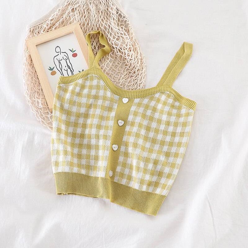 Knitted Plaid Crop Top - Yellow / One Size - Women’s Clothing & Accessories - Shirts & Tops - 18 - 2024