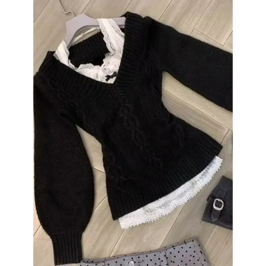 Elegant V-Neck Knitted Sweater - Sweaters - Sweaters - 1