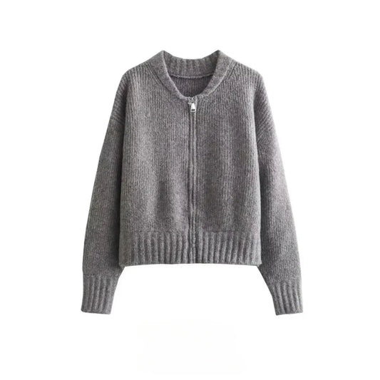 Grey Knit Zip-Up Cardigan – Korean Autumn Layer - Sweaters - Sweaters - 2