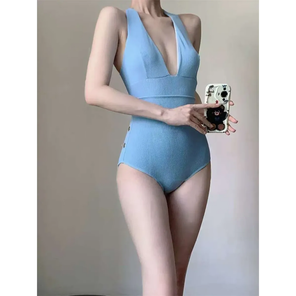 Ribbed Deep V One-Piece Swimsuit – Korean Beach Bodysuit - Women’s Clothing & Accessories - Sleeveless - Swimwear - 4