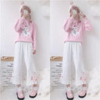 Korean Black Bunny Print Wide Leg Pants - Bottoms - 1