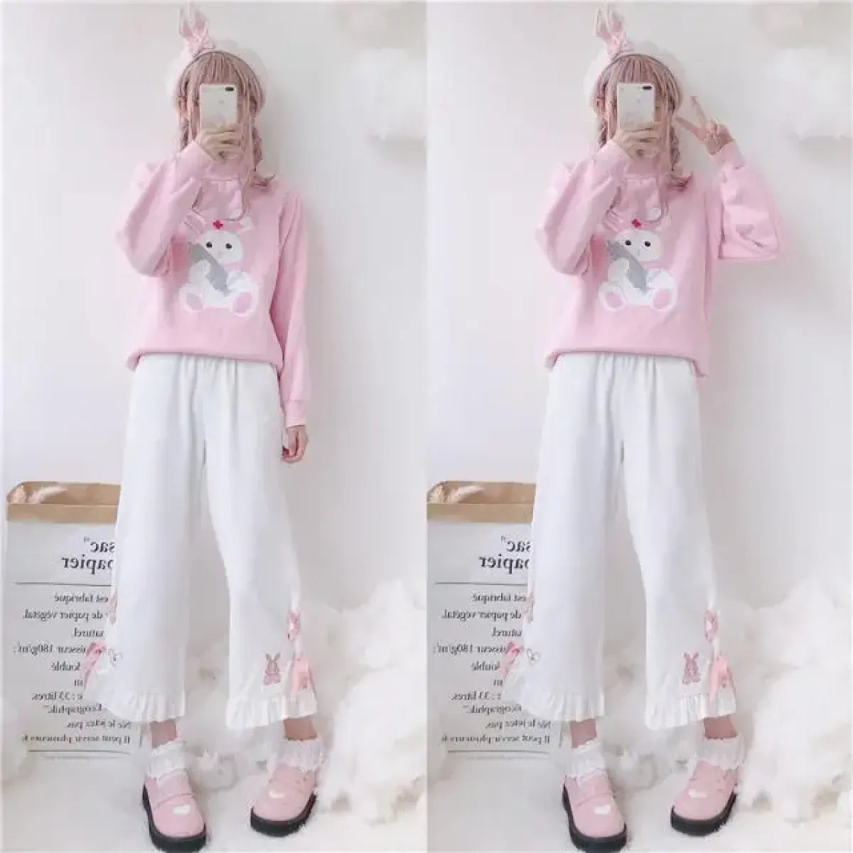 Korean Black Bunny Print Wide Leg Pants - Bottoms - 1