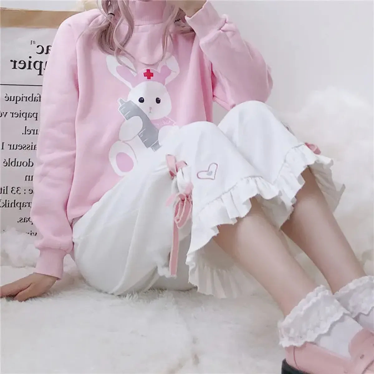 Korean Black Bunny Print Wide Leg Pants - Bottoms - 10