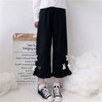 Korean Black Bunny Print Wide Leg Pants - Bottoms - 2
